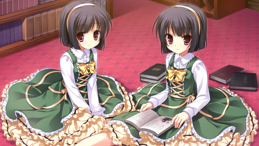 black_hair, book, dress, game_cg, headband, midori_no_umi, pink_eyes, rikuno_(midori_no_umi)