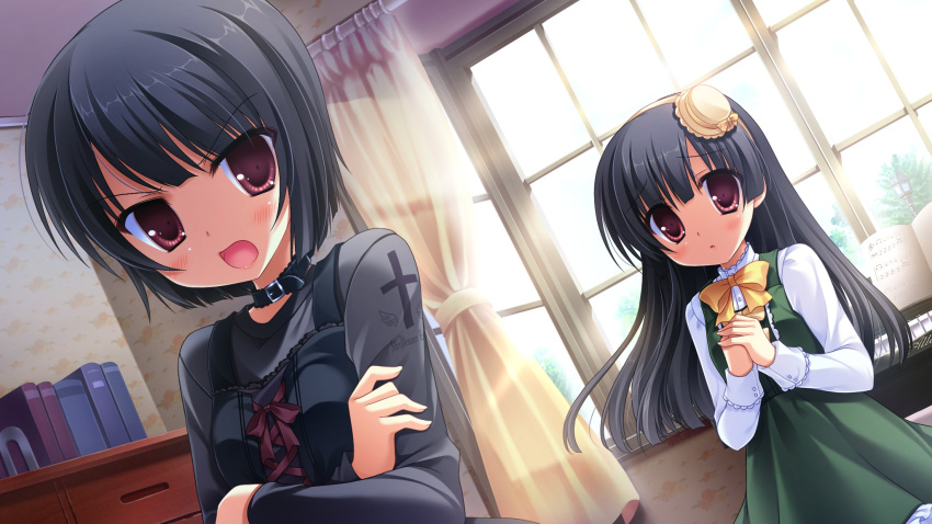 black_hair, dress, game_cg, gothic, long_hair, midori_no_umi, pink_eyes, rikuno_(midori_no_umi)