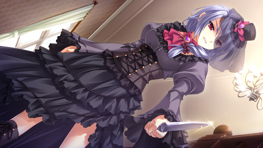 dress, game_cg, gothic, knife, long_hair, midori_no_umi, red_eyes, sara_(midori_no_umi)