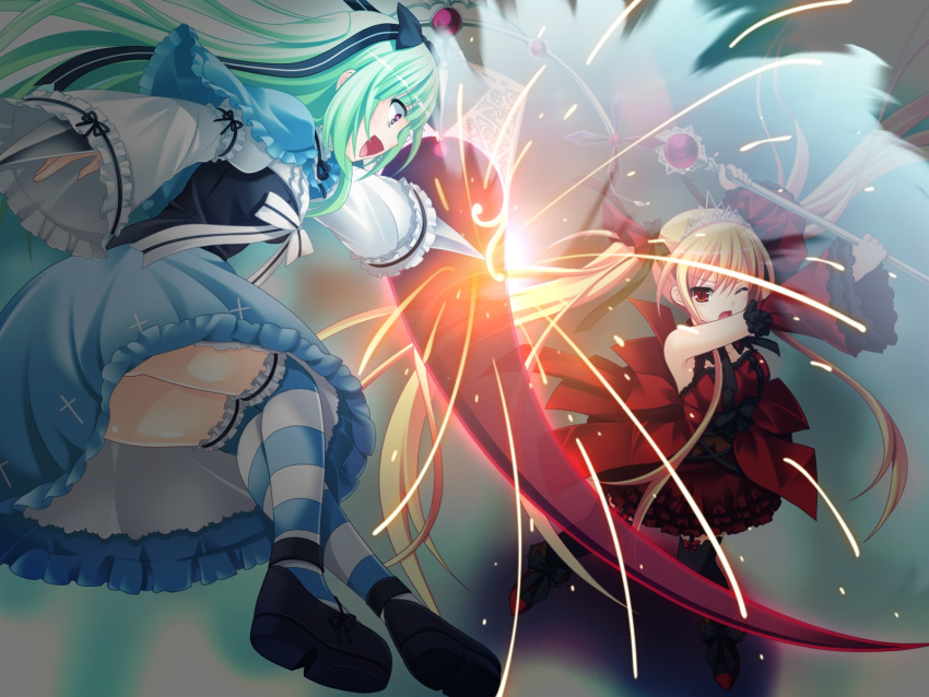 2girls, blonde_hair, bloody_rondo, dress, fransisc_poirot, game_cg, green_hair, jpeg_artifacts, lolita_fashion, long_hair, luna_freed_queen, makita_maki, thigh-highs, thighhighs, twintails, weapon