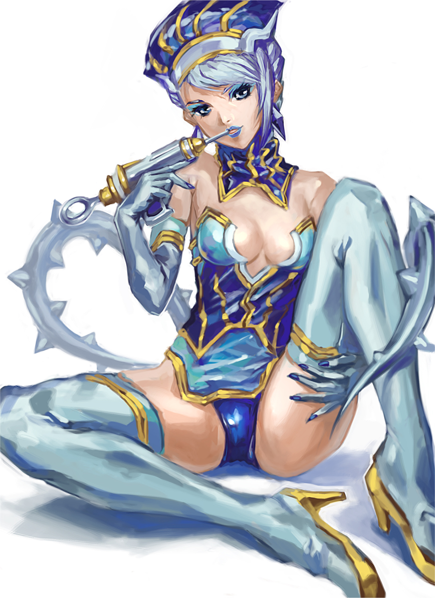 bare_shoulders, blue_eyes, blue_hair, blue_rose_(tiger_&amp;_bunny), boots, breasts, cleavage, earrings