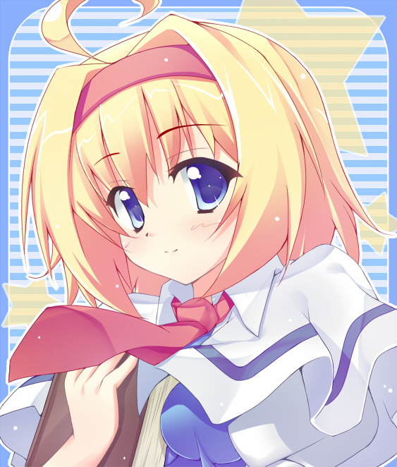 ahoge, akishisu_(air_balance), alice_margatroid, blonde_hair, blue_eyes, blush, book, hairband