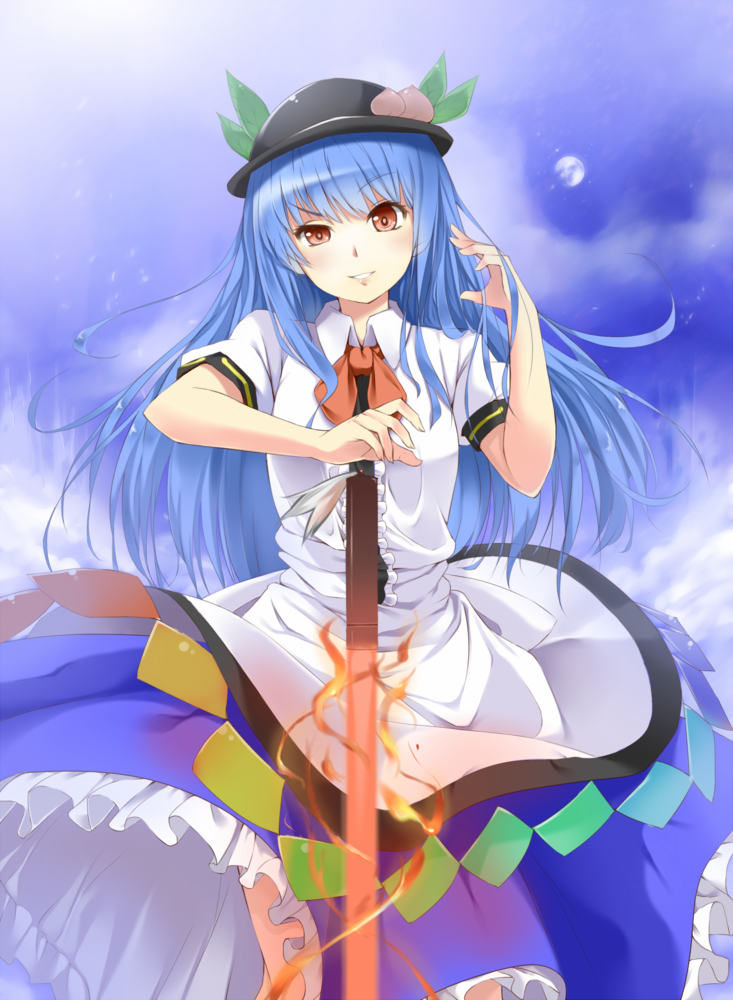 blue_hair, food, fruit, hair_tucking, hands, hat, hinanawi_tenshi, jurakin