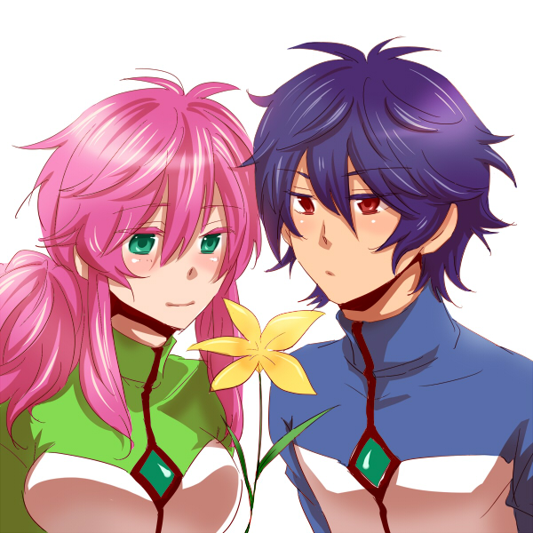 1girl, black_hair, brown_eyes, feldt_grace, flower, green_eyes, gundam, gundam_00