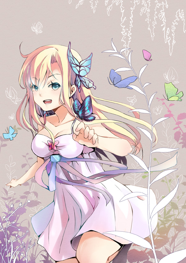 blonde_hair, boku_wa_tomodachi_ga_sukunai, breasts, butterfly, butterfly_hair_ornament, cleavage, collarbone, dress