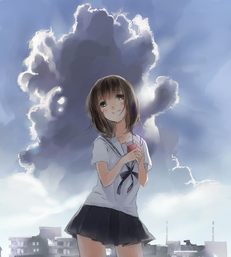 bad_id, blush, brown_eyes, brown_hair, cityscape, cloud, drink, hanno