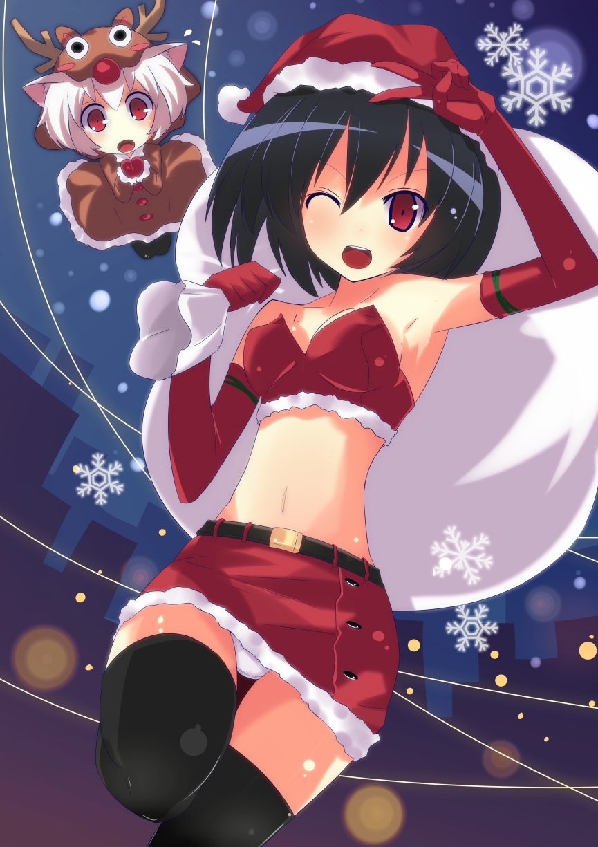 :o, ;d, alternate_costume, animal_costume, armpits, belt, black_legwear, blush, breasts, bustier, elbow_gloves, gloves, hat, highres, inubashiri_momiji, midriff, multiple_girls, naotaka, navel, open_mouth, panties, red_eyes, red_gloves, reindeer_costume, santa_costume, santa_hat, shameimaru_aya, skirt, smile, snowflakes, thigh-highs, thighhighs, touhou, underwear, v, white_panties, wink
