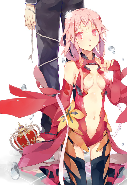 1girl, bare_shoulders, boots, breasts, center_opening, crown, elbow_gloves, evers