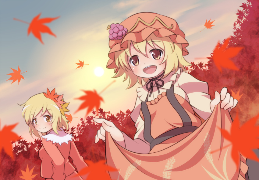 aki_minoriko, aki_shizuha, autumn, autumn_leaves, azuma_takeshi, blonde_hair, blush, brown_eyes