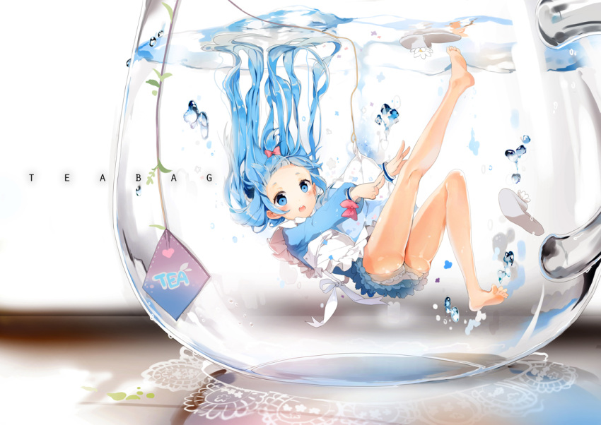 :o, air_bubble, anmi, apron, ass, bare_legs, barefoot, blue_eyes