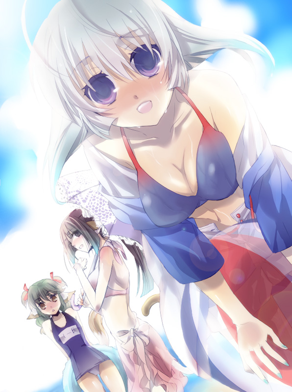 3girls, antenna_hair, arms_behind_back, aruruw, bad_id, ball, beachball, bikini