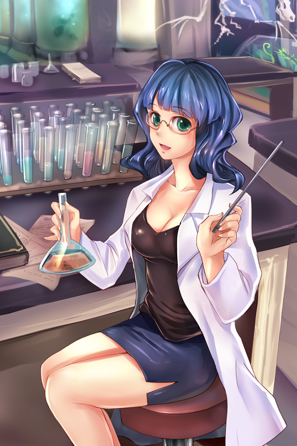 beaker, blue_hair, book, breasts, chair, chemist, chemistry, cleavage
