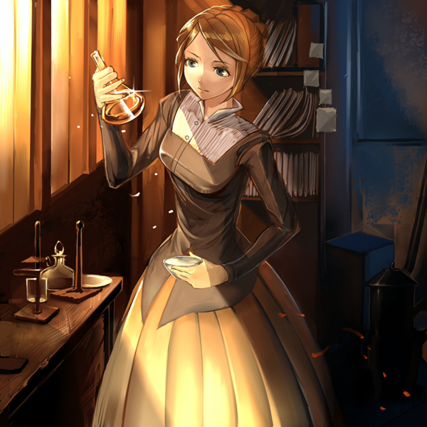 chemist, chemistry, dress, erlenmeyer_flask, flask, green_eyes, original, science, shijima_(tanfn), short_hair, solo
