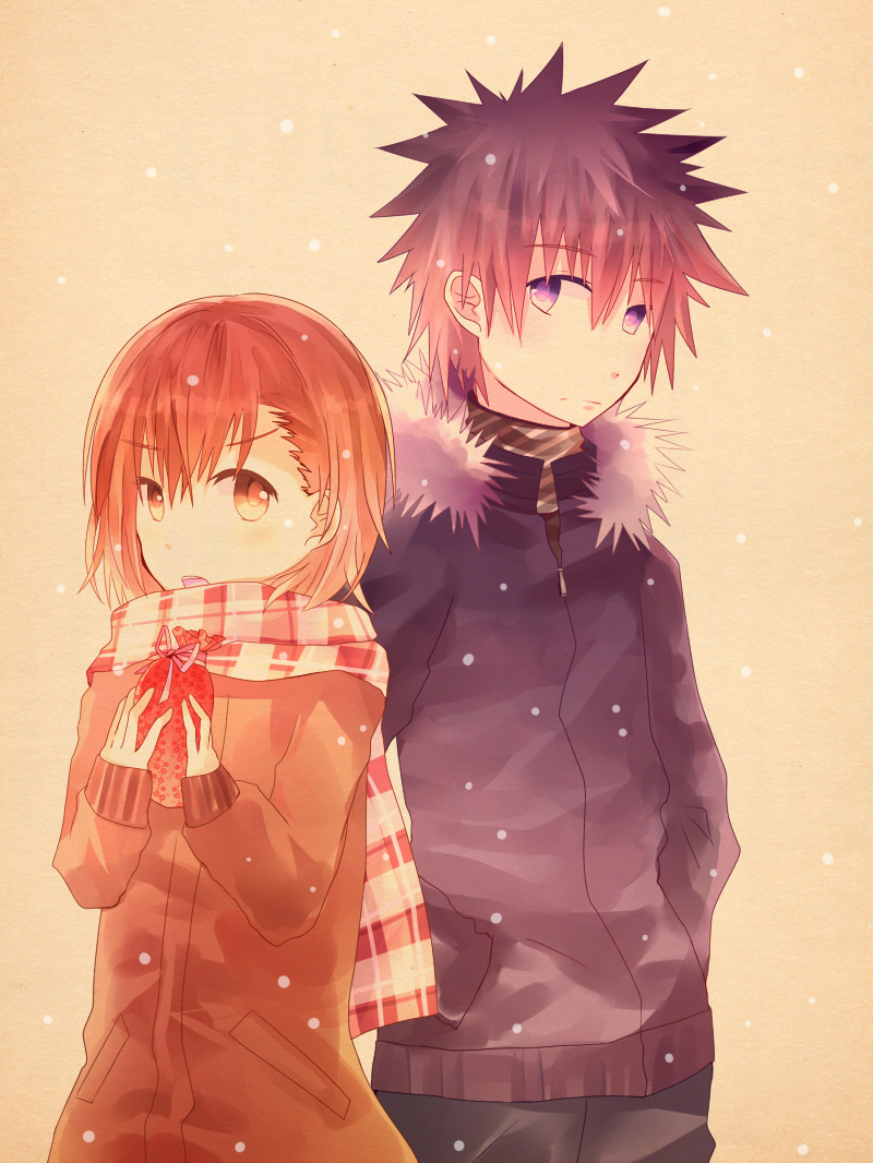 brown_eyes, brown_hair, coat, kamijou_touma, misaka_mikoto, scarf, snow, spiked_hair