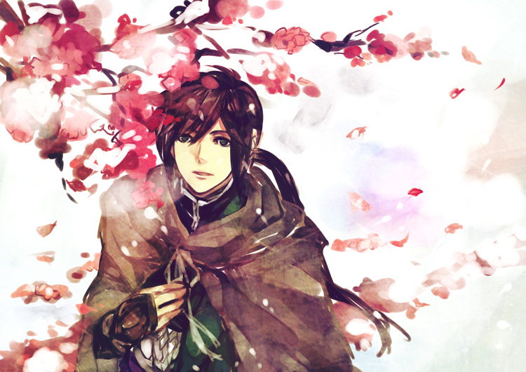 branch, brown_hair, cherry_blossoms, jiang_wei, kyuuta, male, petals, plant, ponytail, shin_sangoku_musou, sketch, solo, tree