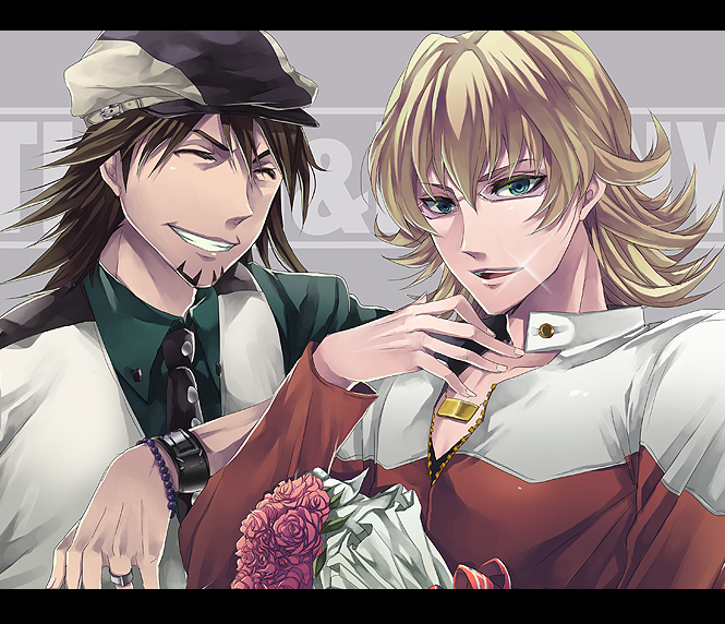 bad_id, barnaby_brooks_jr, blonde_hair, blue_eyes, bouquet, bracelet, brown_hair, cabbie_hat