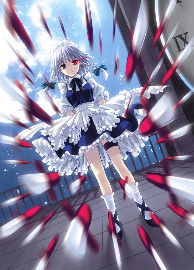 blurry, braid, clock, clock_tower, danmaku, depth_of_field, dutch_angle, full_moon, izayoi_sakuya, knife, maid, maid_headdress, moon, motion_blur, night, railing, roman_numerals, sato-pon, shadow, short_hair, silver_hair, slip_skirt, solo, throwing_knife, too_many_knives, touhou, tower, twin_braids, weapon