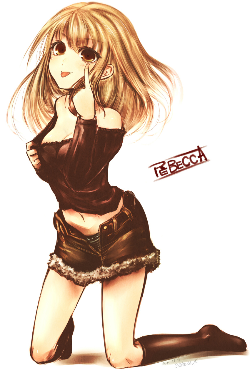 akanbe, bare_shoulders, blonde_hair, breasts, brown_eyes, cleavage, denim, denim_shorts