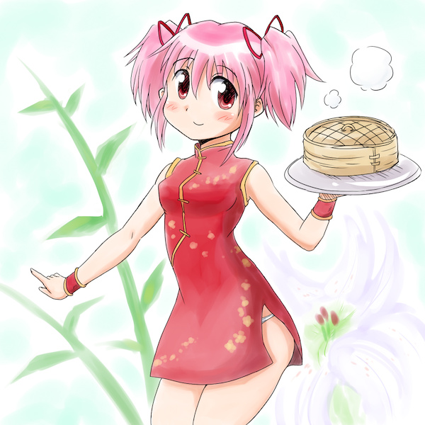 bamboo_steamer, china_dress, chinese_clothes, kaname_madoka, mahou_shoujo_madoka_magica, panties, pantyshot, purple_eyes