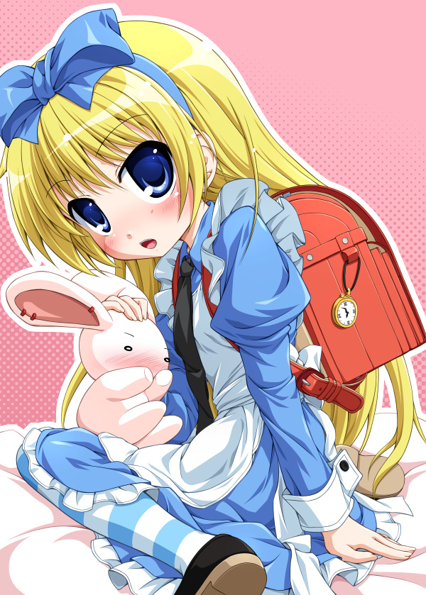 alice_(wonderland), alice_in_wonderland, aqua_dress, arm_support, backpack, bag, blonde_hair, blue_eyes
