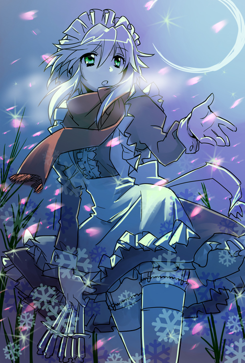 garter_belt, garter_straps, hairband, izayoi_sakuya, knife, maid, petals, scarf