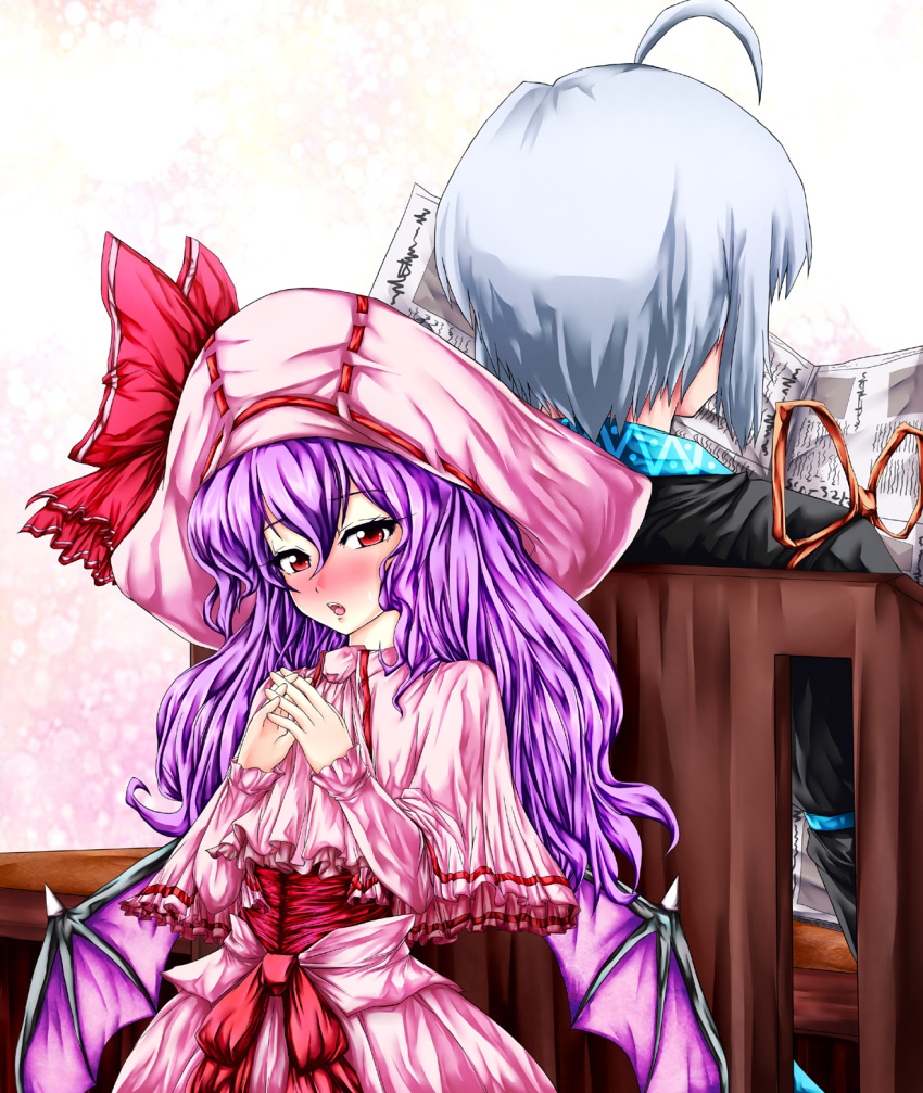 1boy, 1girl, ahoge, alternate_hairstyle, back-to-back, bat_wings, blush, chair