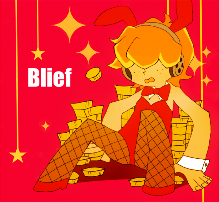 animal_ears, bad_id, bowtie, brief_(character), brief_(psg), bunny_ears, bunnysuit, coin, crossdressinging, engrish, error, fishnet_pantyhose, fishnets, freckles, headphones, male, official_style, orange_hair, panty_&amp;_stocking_with_garterbelt, pantyhose, ranguage, short_hair, siratan, solo, sparkle, wrist_cuffs