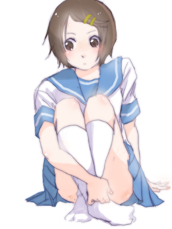 brown_eyes, brown_hair, footwear, hair_ornament, hairclip, original, school_uniform, serafuku