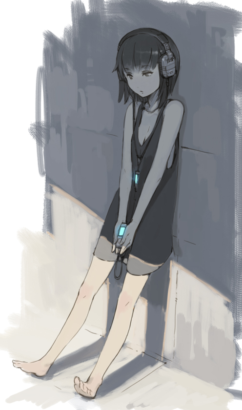 against_wall, barefoot, black_hair, digital_media_player, glowing, headphones, original, shade
