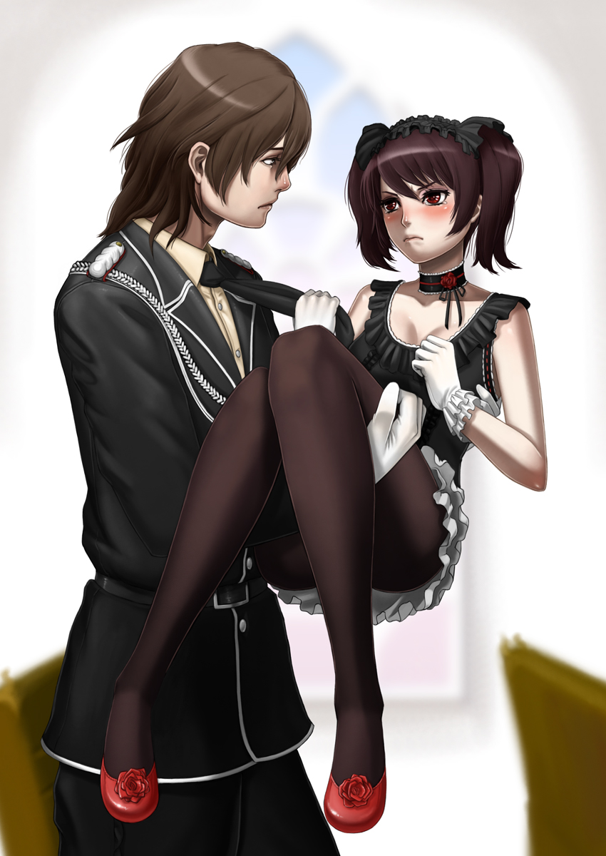 1boy, 1girl, aiguillette, blush, brown_hair, carrying, choker, couple