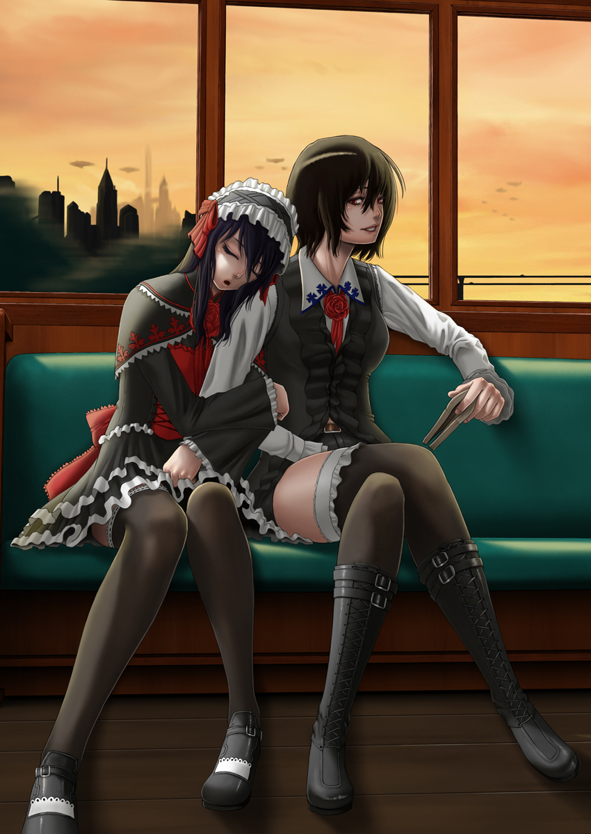 arm_hug, bench, black_hair, book, boots, brown_hair, cityscape, closed_eyes