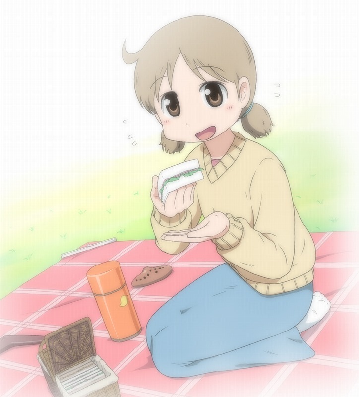 basket, brown_eyes, brown_hair, instrument, mitsu_(nicoseiga), nichijou, ocarina, picnic, sakurai_izumi, sandwich, short_hair, skirt, smile, solo, thermos, twintails