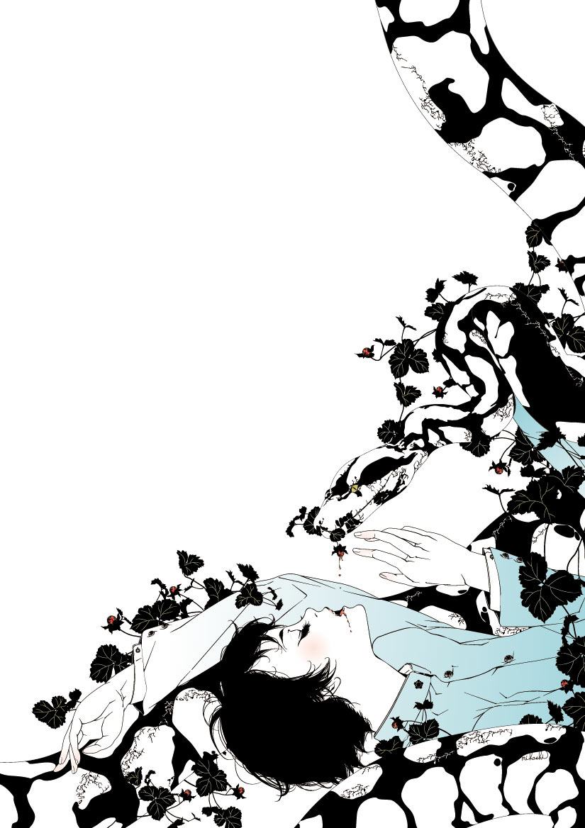 blush, closed_eyes, eyes_closed, food, fruit, lying, mihoshi, monochrome