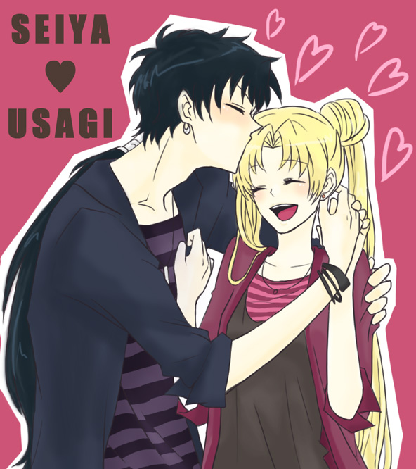 1girl, bad_id, bishoujo_senshi_sailor_moon, black_hair, blonde_hair, bracelet, character_name, closed_eyes, couple, double_bun, earrings, heart, jewelry, kiss, long_hair, mashita, open_mouth, ponytail, profile, seiya_kou, smile, tsukino_usagi, twintails
