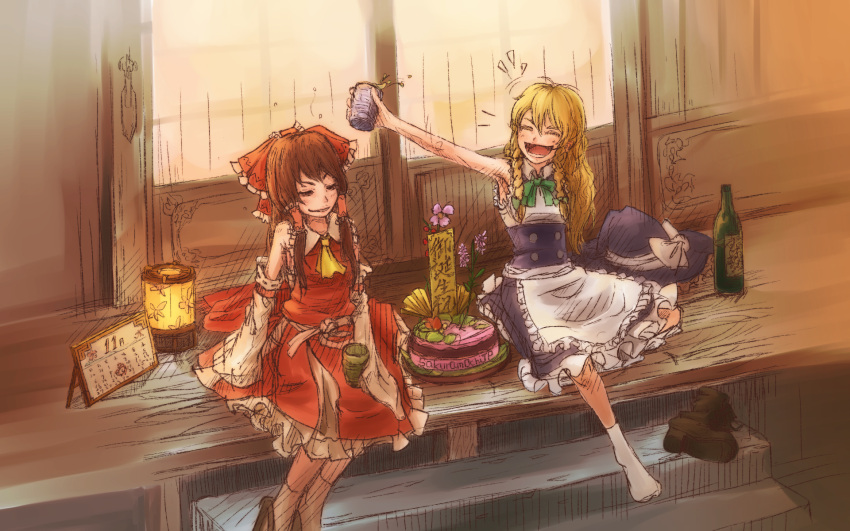 apron, armpits, birthday, birthday_party, black_dress, blonde_hair, bottle, bow