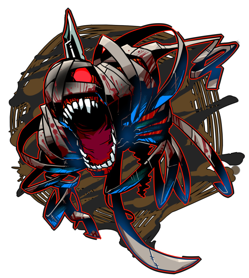 action, bandage, bandages, big_mouth, blood, blood_stain, bone, cracked_skin, crazy_eyes, floating, glowing_eye, high_contrast, highres, mouth, mummy, no_arms, no_legs, no_pupils, open_mouth, original, perspective, pose, red_eyes, ribs, sharp_teeth, sido_(slipknot), solo, spine, teeth, undead, unraveled_bandages