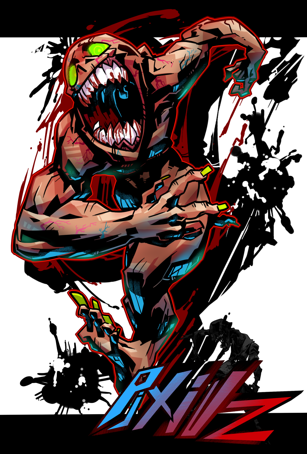 big_mouth, blood, bloody_teeth, crazy_eyes, fangs, fingernails, glowing_eyes, green_eyes