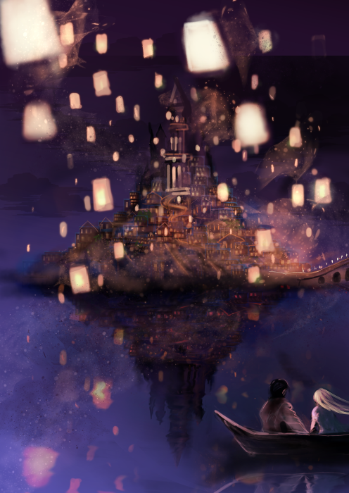 1girl, boat, castle, disney, faux_traditional_media, flynn_rider, from_behind, haruhito1211