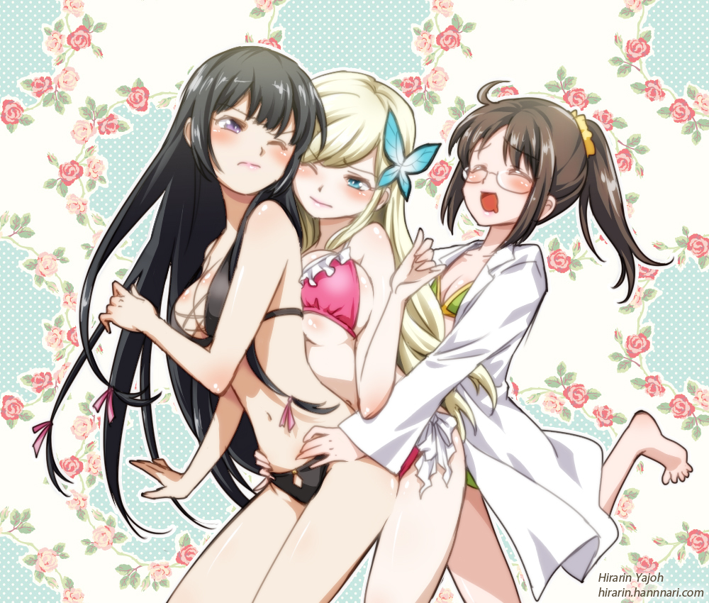 bare_shoulders, barefoot, bikini, black_hair, blonde_hair, blue_eyes, boku_wa_tomodachi_ga_sukunai, breasts, brown_hair, butterfly_hair_ornament, closed_eyes, eyes_closed, flower, glasses, hair_ornament, hair_ribbon, kashiwazaki_sena, labcoat, large_breasts, long_hair, midriff, mikazuki_yozora, multiple_girls, pink_rose, ponytail, purple_eyes, ribbon, rose, saliva, shiguma_rika, smile, swimsuit, violet_eyes, wink, yajou_hirarin, yuri