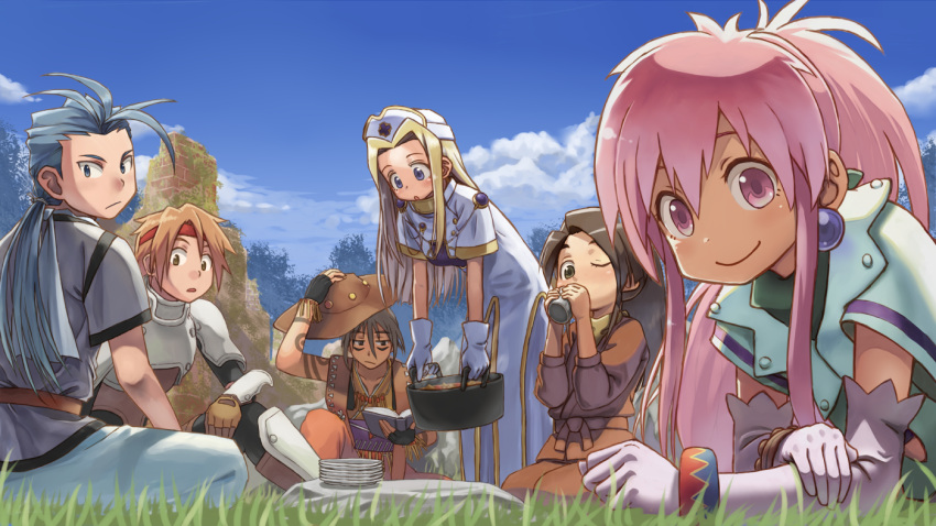 3girls, adjusting_hat, arche_klein, armor, blonde_hair, blue_eyes, blue_hair, book