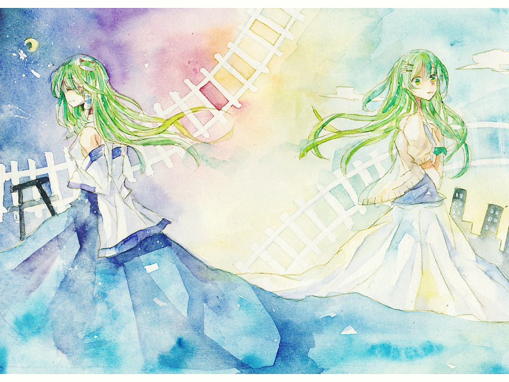 1girl, bare_shoulders, casual, closed_eyes, cloud, crescent, detached_sleeves, dual_persona