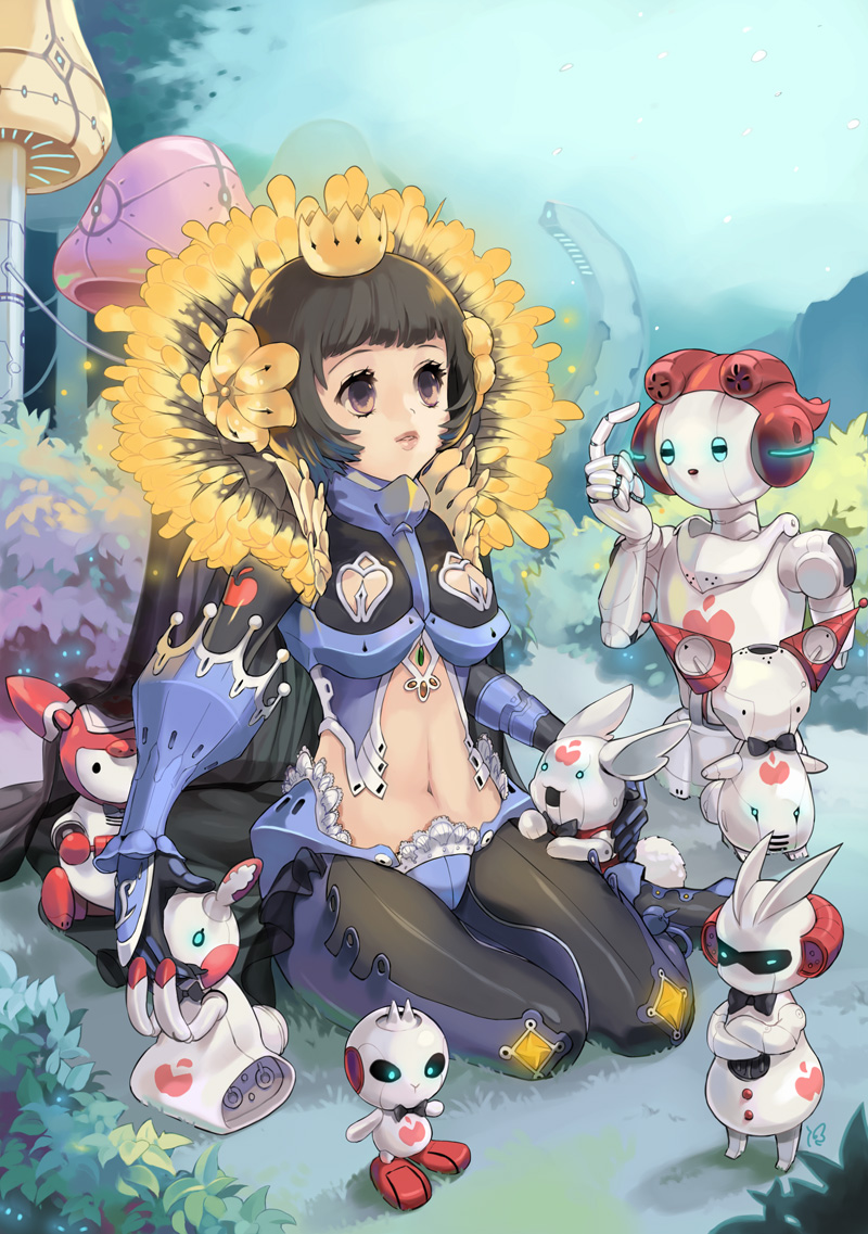 1girl, apple, armor, bob_cut, bodysuit, bowtie, breasts, brown_hair