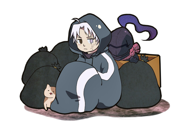 armor, berserker_(fate/zero), cat, chibi, fate/stay_night, fate/zero, fate_(series), hoodie