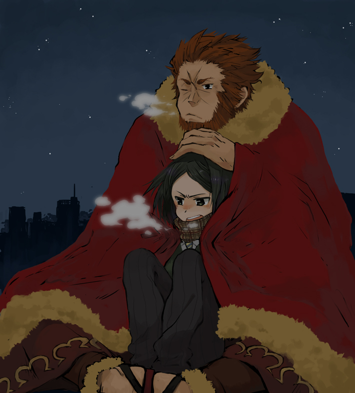 beard, black_eyes, black_hair, bob_cut, cape, facial_hair, fate/stay_night, fate/zero