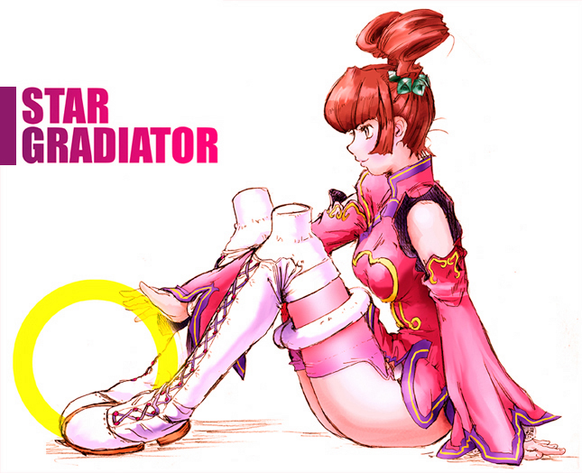 antenna_hair, ass, bent_over, boots, breasts, brown_hair, capcom, chakram, chinese_clothes, cross-laced_footwear, detached_sleeves, engrish, green_eyes, hair_up, hoop, jewelry, jun, june_lin_milliam, knee_boots, knee_pads, lace-up_boots, ranguage, ring, sitting, solo, star_gladiator, star_gladiators, teketeke_(tekenotteke), thigh_boots, thighhighs, title_drop, twintails, typo, weapon, white_background, wide_sleeves