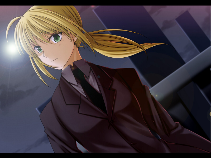 ahoge, androgynous, bad_id, blonde_hair, dutch_angle, fate/stay_night, fate/zero, fate_(series)