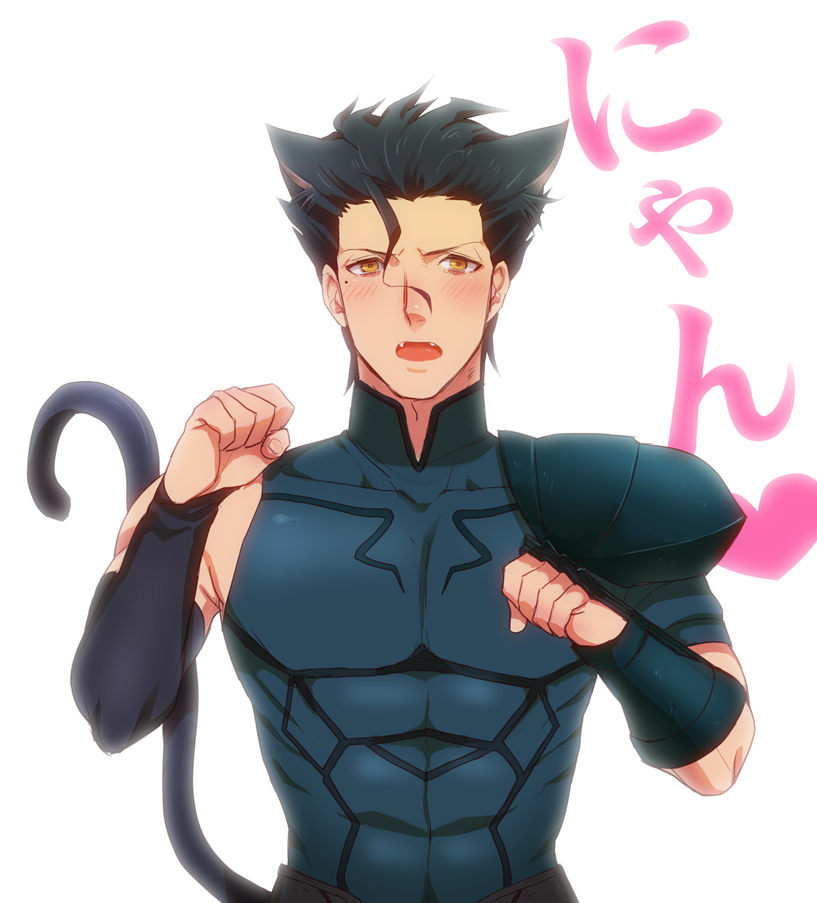 1boy, animal_ears, black_hair, blush, cat_ears, cat_tail, fangs, fate/stay_night, fate/zero, fate_(series), kemonomimi_mode, lancer_(fate/zero), mole, omty, short_hair, solo, tail, yellow_eyes