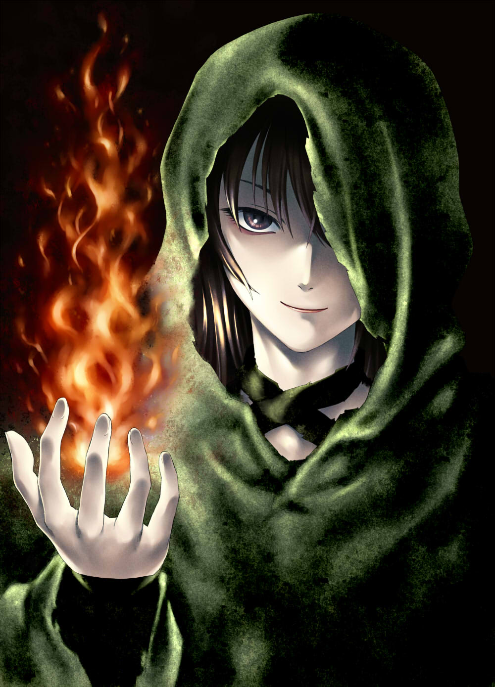 black_hair, brown_hair, dark_souls, fire, highres, hood, looking_at_viewer, old-one, quelaana_of_izalith, quelana_of_izalith, robe, smile, solo