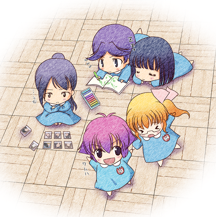 black_eyes, black_hair, blonde_hair, closed_eyes, crayon, drawing, glasses, hanamaru_youchien