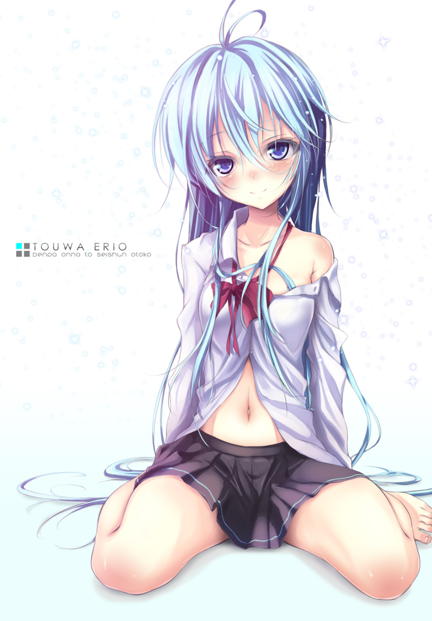 ahoge, bare_shoulders, barefoot, blue_eyes, blue_hair, blush, denpa_onna_to_seishun_otoko, fukai_ryousuke